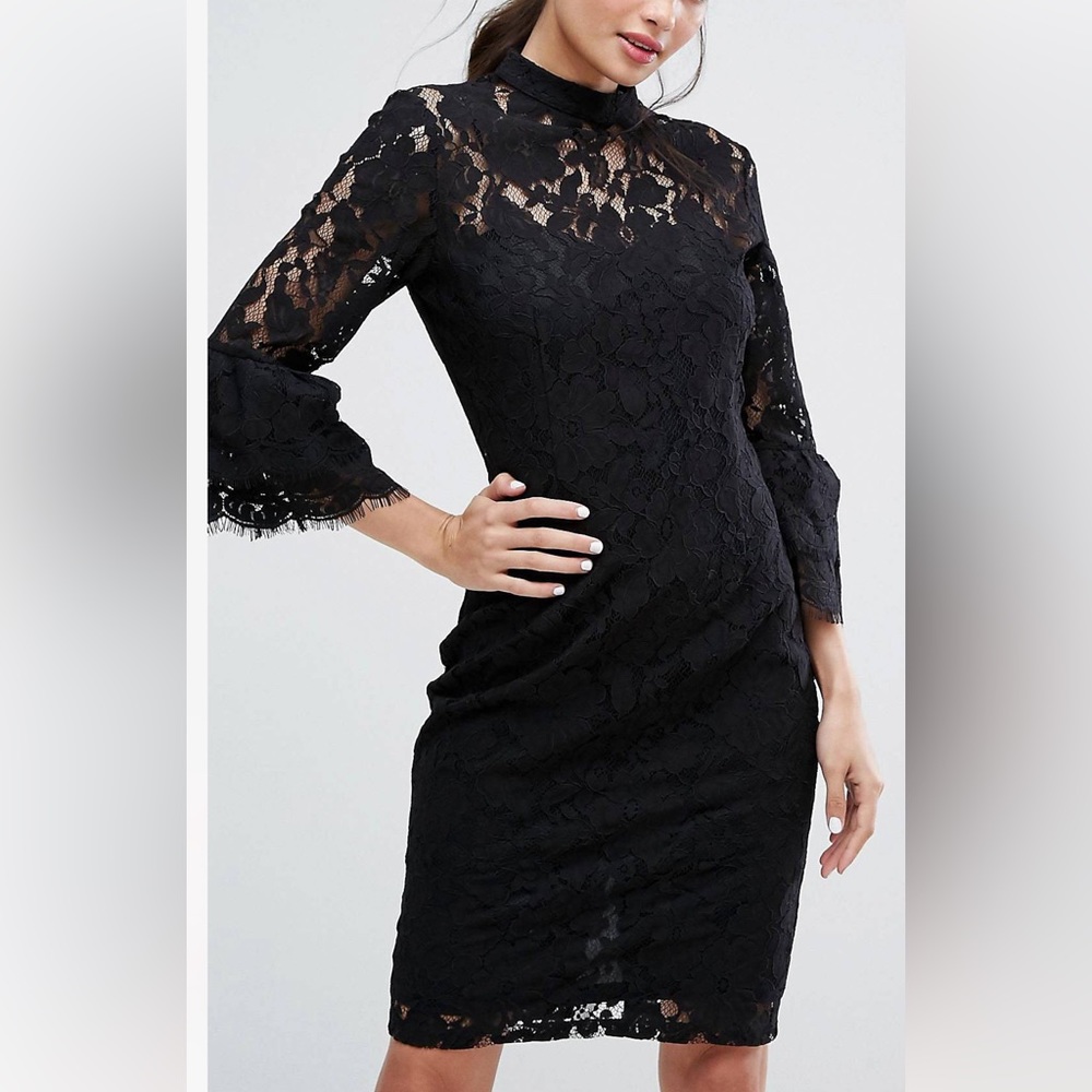 Paper Dolls Women's High Neck Midi Lace Dress with Double Frill Sleeve Size 8